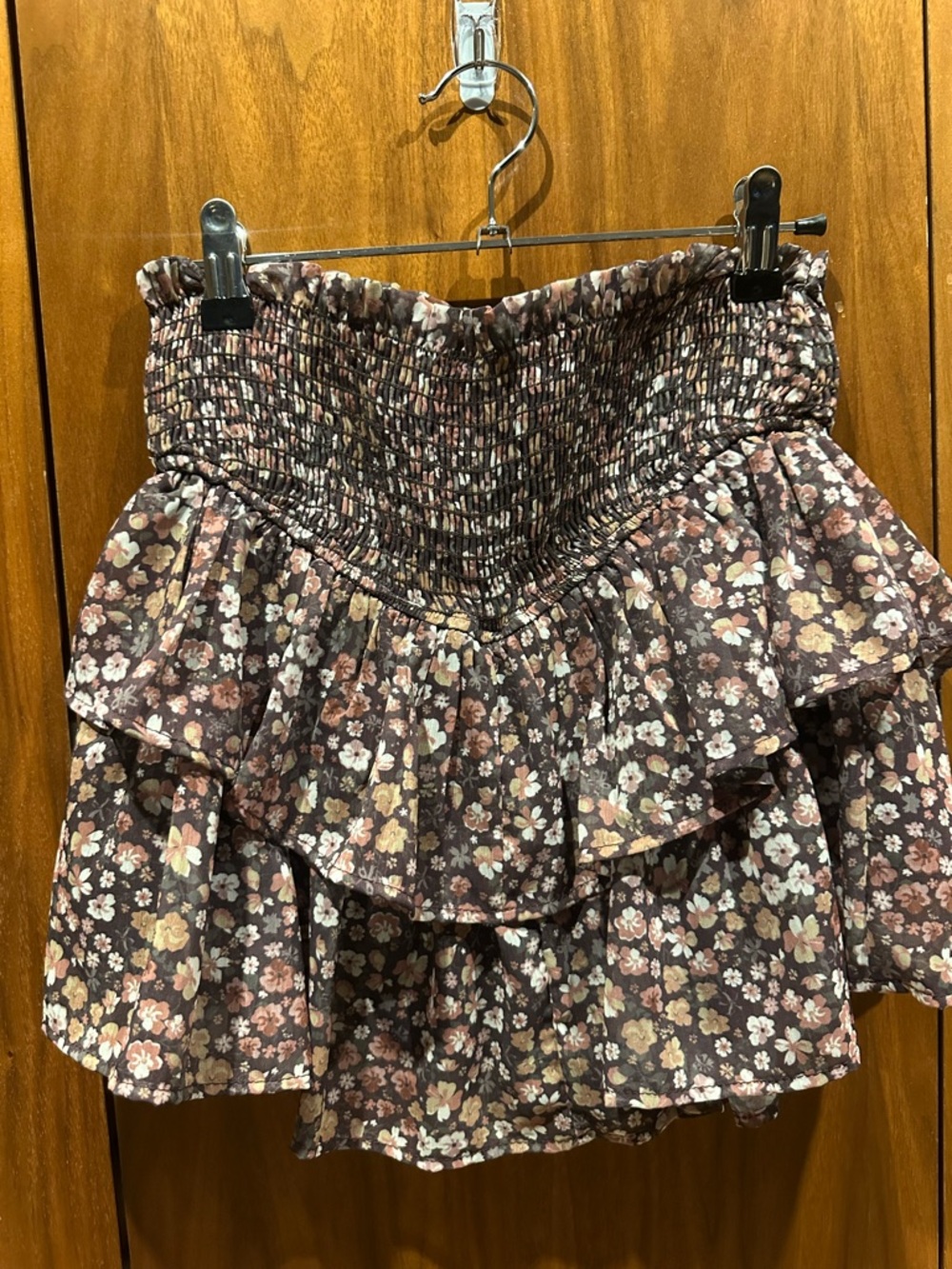 Altar'd State Brown Floral Smocked Ruffle Mini Skirt with built in shorts